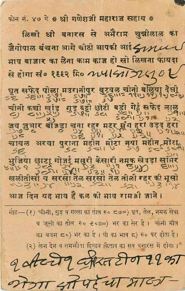 चहजियो रैल — मोती कैल — हिंदोलावन — भारत — 1935 — देवनागरी लिपि में हस्तलिखित पोस्टकार्ड - आगे