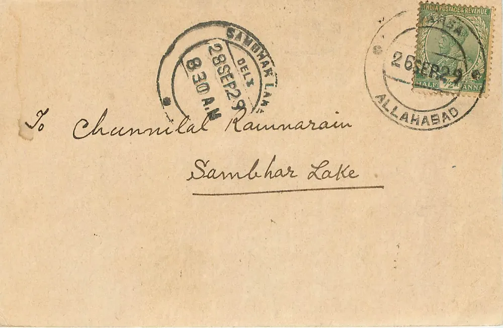 Lago Sambhar — Correspondência para Chunnnilal Ramnarain — editor desconhecido - Frente