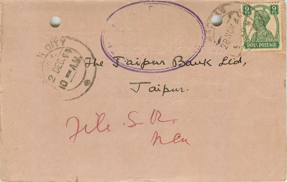 Jaipur — Carta para The Jaipur Bank Ltd — Kothari & Sons, Madras - Frente
