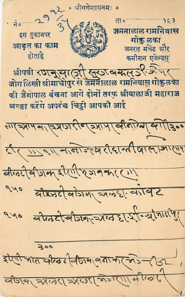 Jamaalal Ramnivas Gokulka — Shri Ganesha — Carta postal indiana - Frente