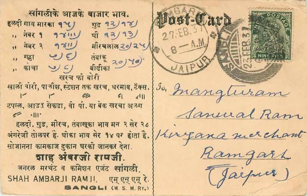 Sangoli — mercado local — Post-Card, editor Sangoli (M.S.M.Ry.) - Frente