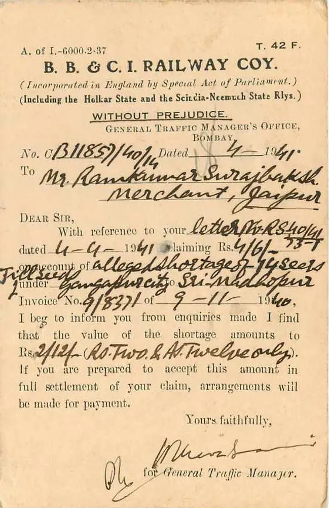 Jaipur — correspondência comercial — B.B. & C.I. Railway Coy. - Verso