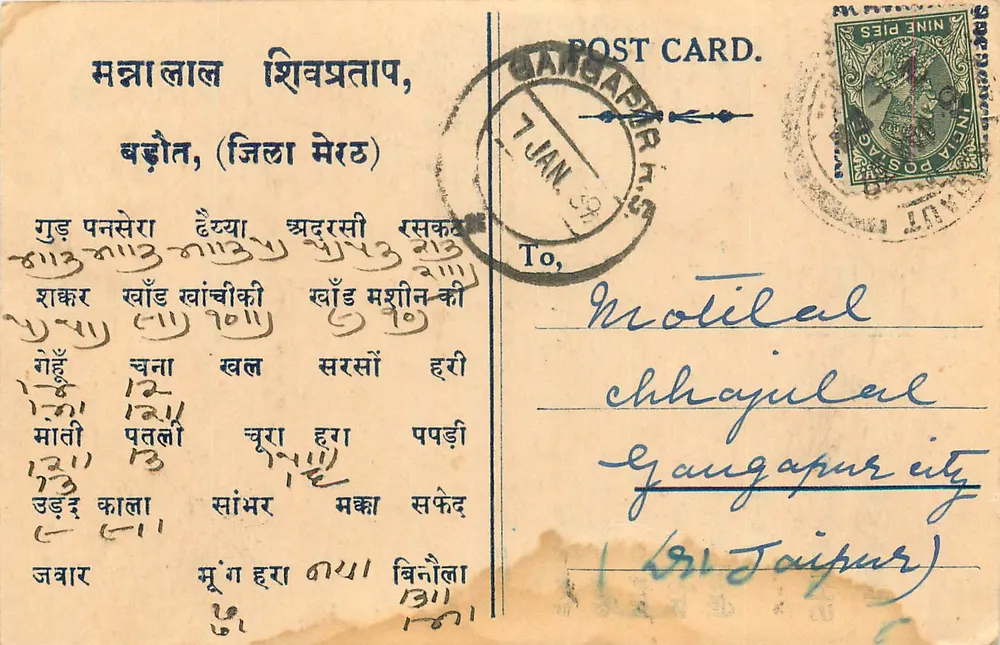 मननलाल शेपरताप, बराउत (मीरट जिला) — पोस्टकार्ड देवनागरी भाषा में लिखा और हस्तलिखित लिखित — अज्ञात प्रकाशक, श्रृंखला संख्या अदृश्य - आगे