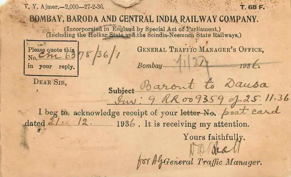 Dausa — Delhi — Calcutta — 4 de janeiro de 1937 — correio indiano - Verso