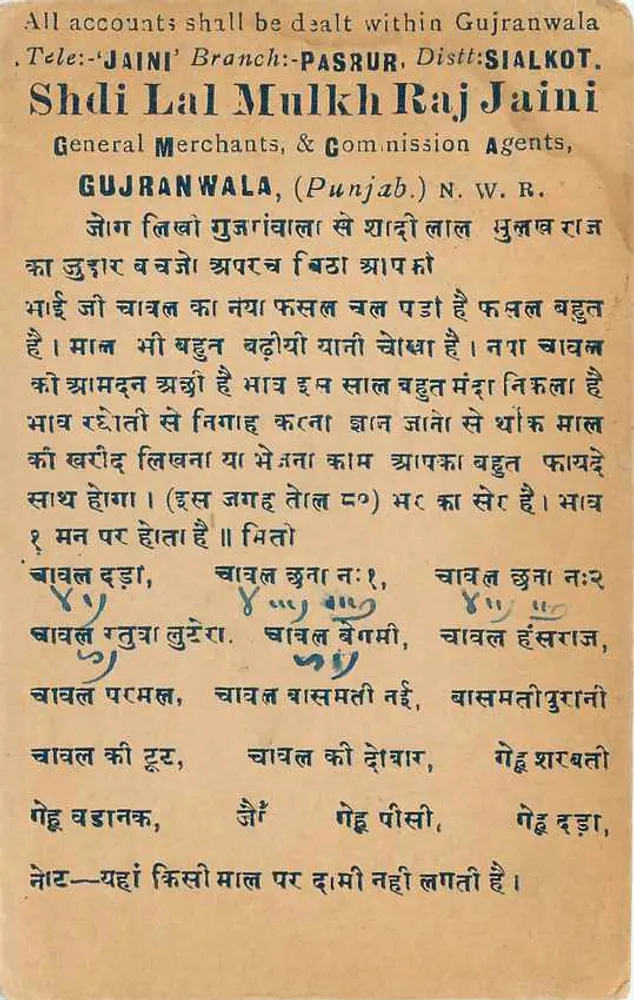 Gujranwala — Agência de Comissão — Shadilal Mulkhraj Jaini — N.W. Railway - Verso