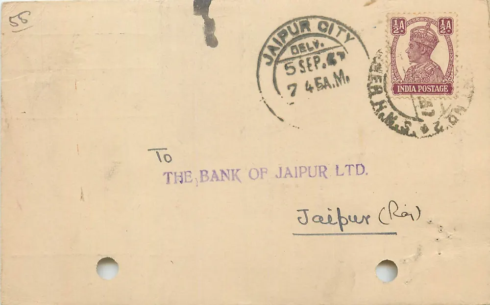 Cidade de Jaipur — Carta de remessa de cheque — India Postage - Frente