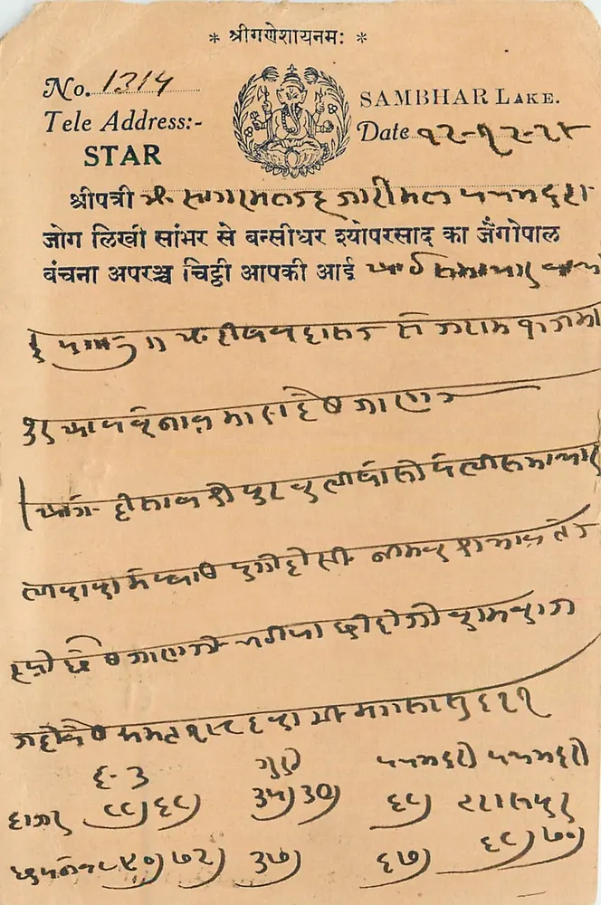 संभर झील — डेवनागरी लिपि में लिखा टॉप कार्ड — अज्ञात प्रकाशक, संख्या 1214 - आगे