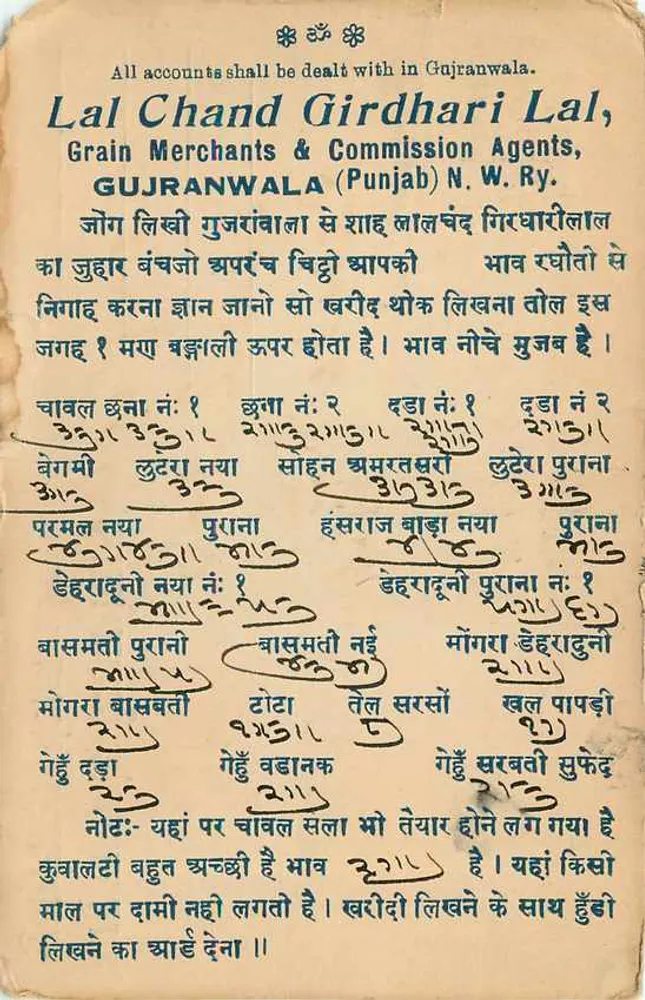 Gujranwala (Punjab) — Mercadores de Grãos e Agentes de Comissão — Lal Chand Girdhari Lal — Selos Postais da Índia - Verso