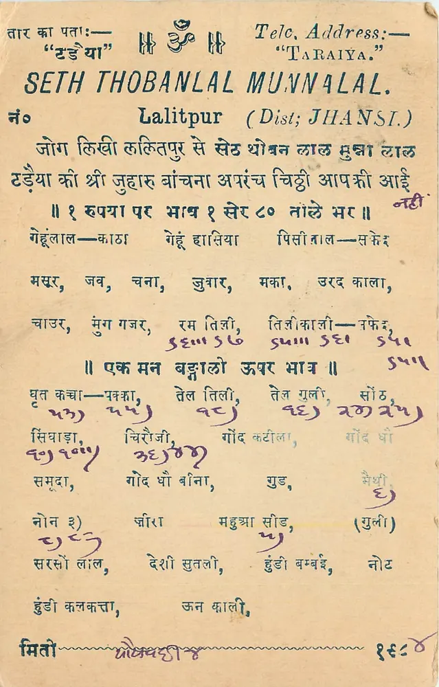 लालितपुर — सेठ थोबनलाल मुन्नलाल — भारतीय पोस्टकार्ड - आगे