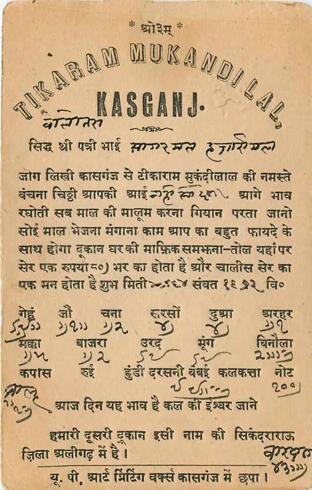 Tikaram Mukandilal — Kasganj — editor desconhecido, número de série não visível - Verso