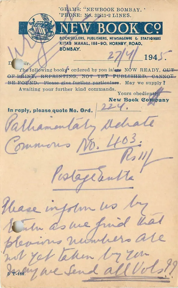 New Book Co. Bombay — encomenda de livros — 1945 - Frente