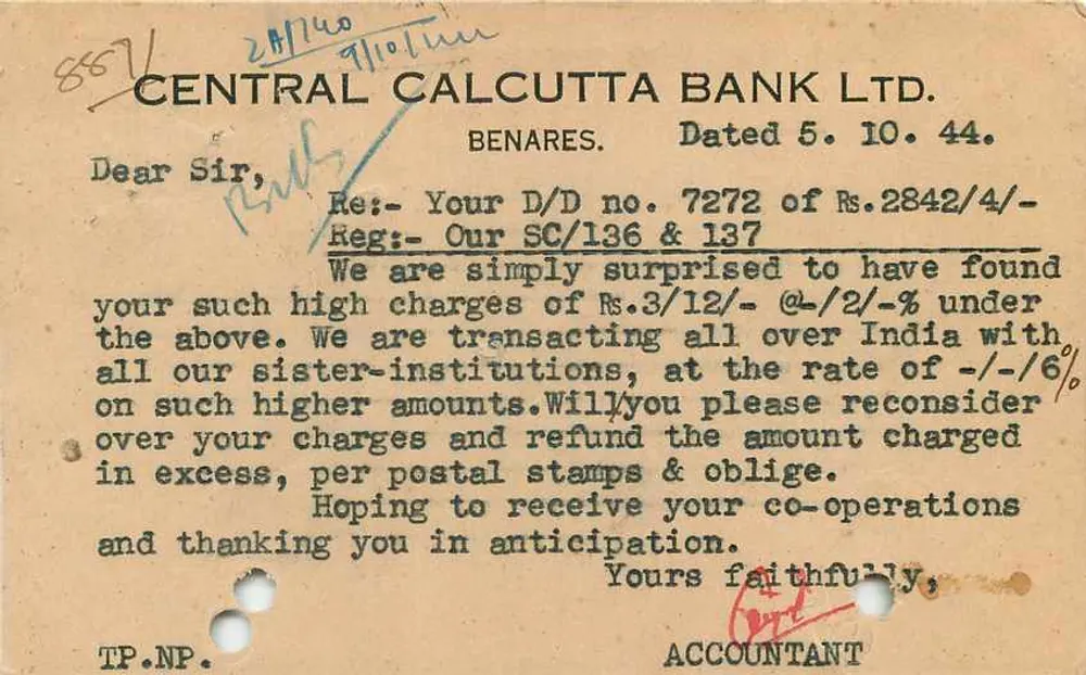 Carta postal comercial — Central Calcutta Bank Ltd. — Jaipur - Verso