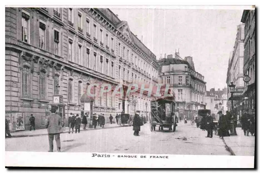 Paris - Banque de França — vista da rua com pedestres e carruagem — editor não identificado - Frente