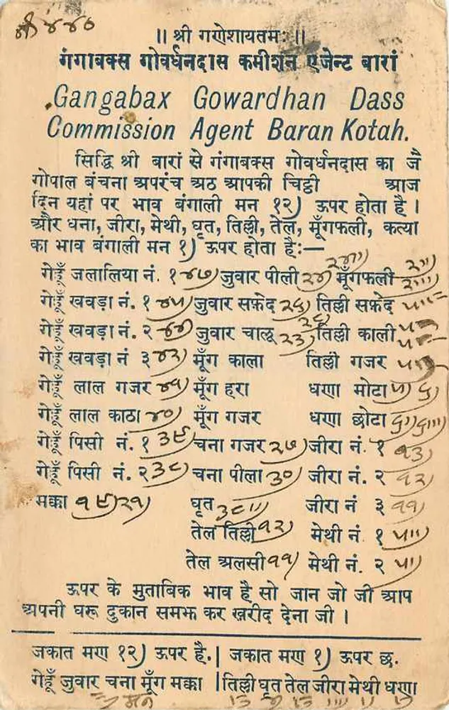 गंगाबाक्स गोवर्धन दास कमीशन एजेंट बरन कोटाह — छापे वाला पोस्टकार्ड और देवनागरी लिपि में मैंस्क्रिप्ट लिखित लेख - पीछे