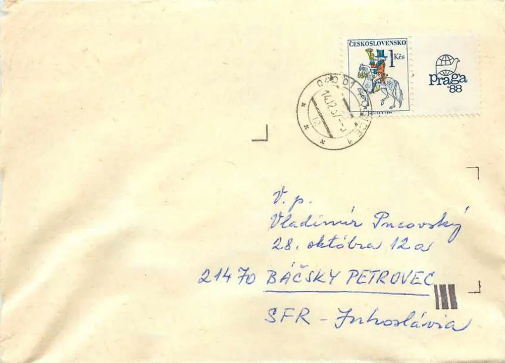 Praga 88 — znaczek pocztowy 1 Kčs — koperta wysłana do Bácský Petrovec (SFR - Węgry) - Awers