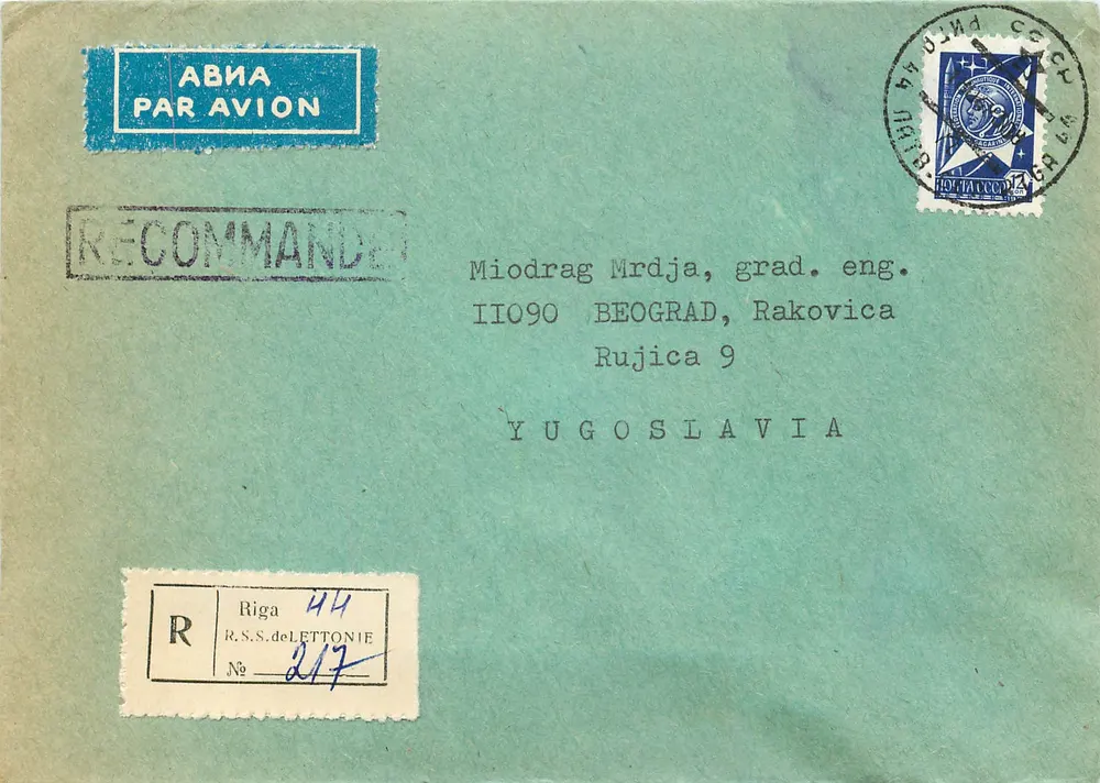 Carta recomendada por avião — Riga, Letônia — ABNA PAR AVION, n° 217 - Frente
