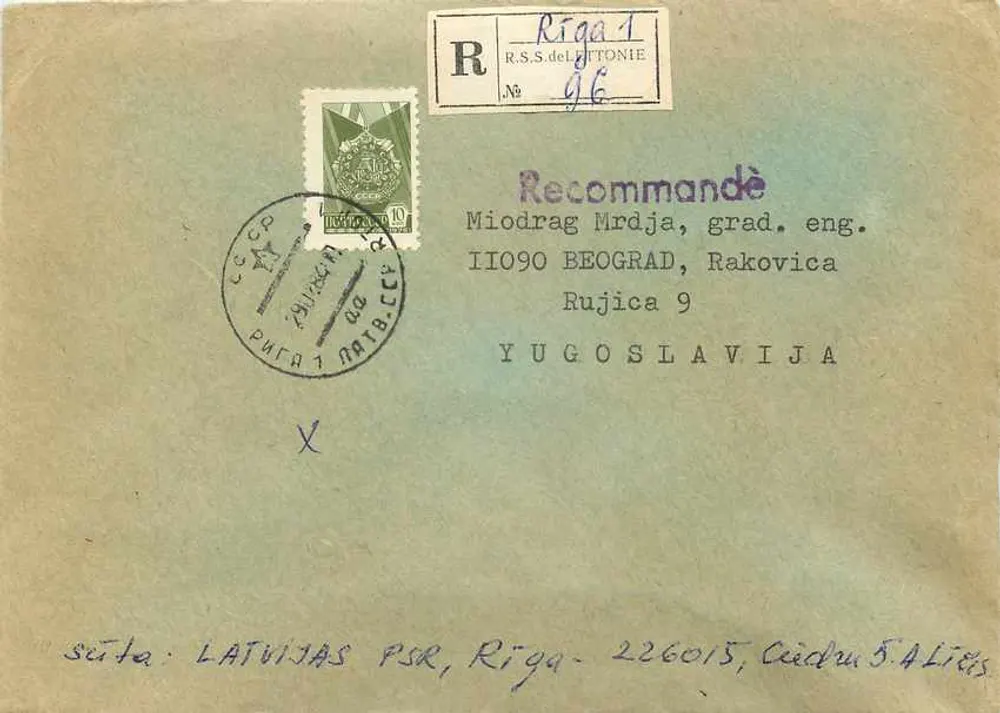 Riga — Letônia — recomendado para Belgrado, Iugoslávia — R.S.S. da Letônia, n° 96 - Frente