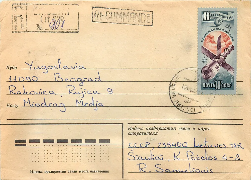 Carta postal recomendada da Lituânia para a Iugoslávia — 10 kopecks, 1977, emitida com ocasião do 20º aniversário da estação espacial soviética - Frente