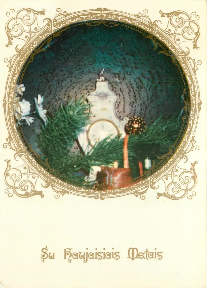 Natal — decoração de árvore de Natal e relógio — editor K. Poželos sp. Užšak - Frente