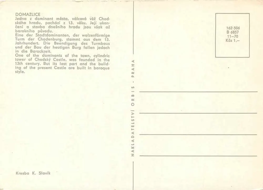 Domažlice — tour do castelo de Chodský — editor Orbis, série 162-506 - Verso