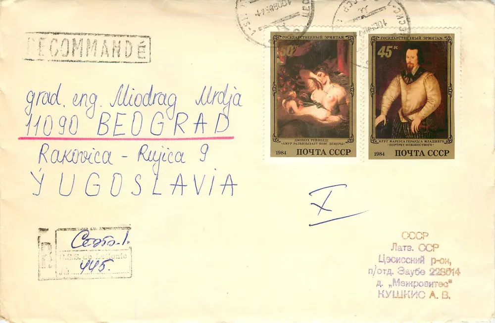Carta postal recomendada — selos soviéticos — enviada de Moscou para Belgrado - Frente