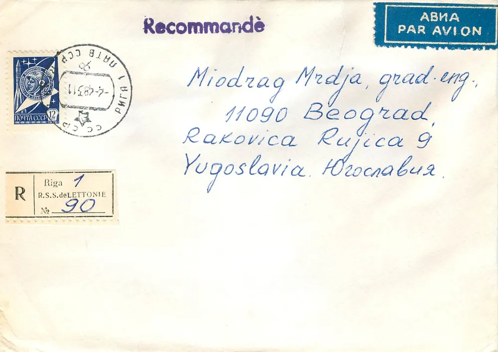 Riga — Letônia — Envelope recomendado por avião para Belgrado, Iugoslávia - Frente