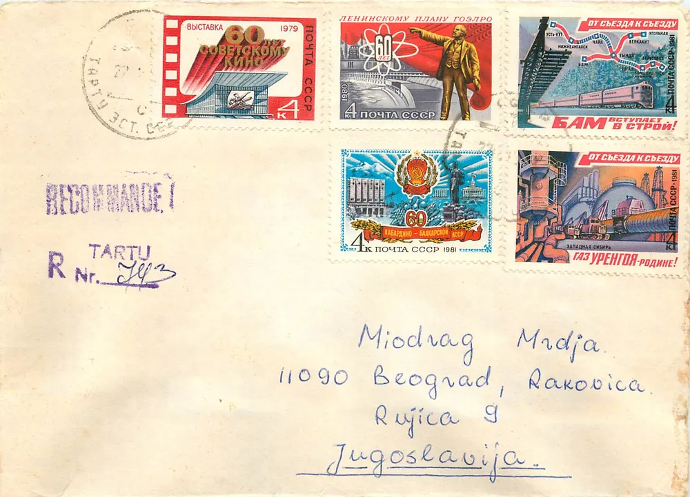 Tartu — Miodrag Mijda, Rujica 9, Beograd, Iugoslávia — Envelope de correio recomendado com selos comemorativos soviéticos de 1979 e 1981 - Frente