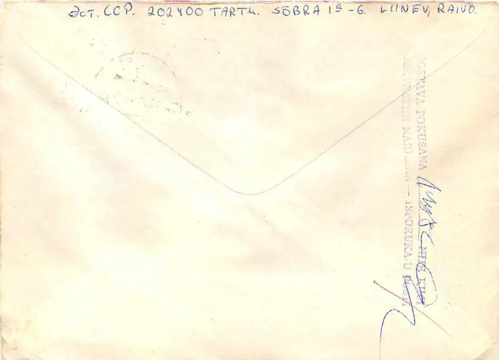 Tartu — Miodrag Mijda, Rujica 9, Beograd, Iugoslávia — Envelope de correio recomendado com selos comemorativos soviéticos de 1979 e 1981 - Verso