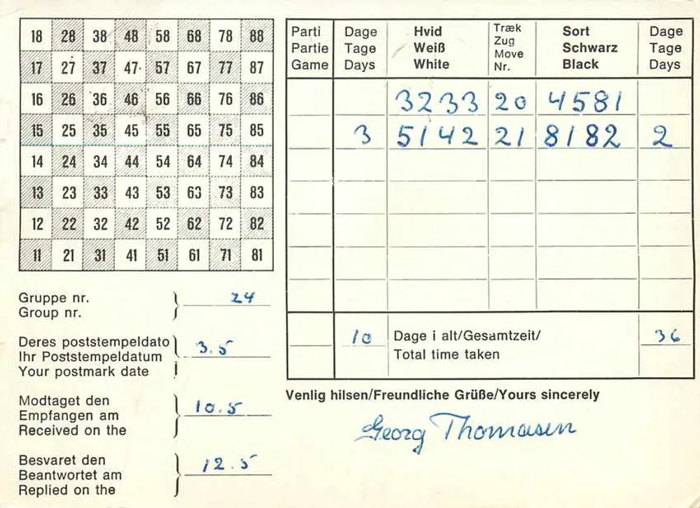 Jogo de xadrez — partida n°24 — Dansk Skaksalg Aps, Sømarksvæj 230, DK-5471 Søndersø - Verso