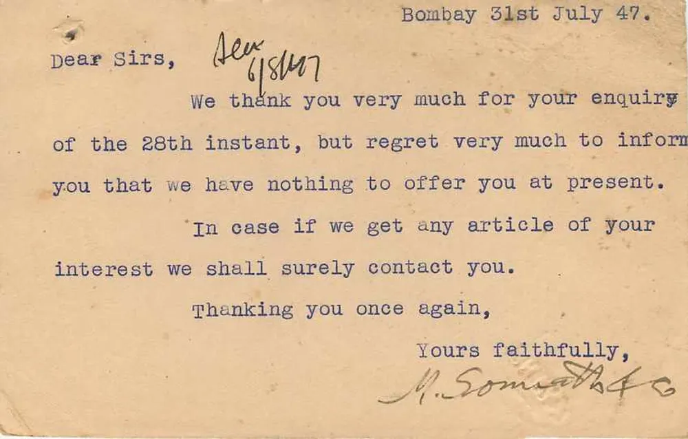 Jhansi — Bombay — carta postal comercial de M. Somnath & Company - Verso