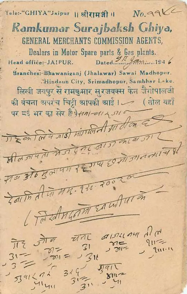 Estado de Jaipur — Carta postal comercial — editor Ramkumar Surajbaksh Ghiya, n°294 - Verso