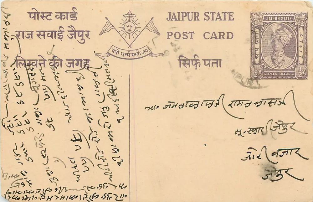 जैपुर स्टेट — 1/2A के साथ पोस्टकार्ड — एडिटर जैपुर स्टेट - आगे