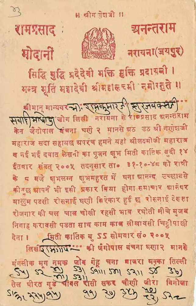 जैपुर राज्य — पोस्टकार्ड जिस पर मुद्रा और भेजे जाने का निशान है — प्रकाशक जैपुर राज्य, श्रृंखला संख्या अदृश्य - पीछे