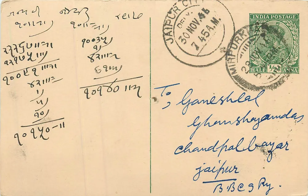 Gajanand Gordhan Commission Agents — Mirpurkhas — editor e número de série ilegíveis - Frente