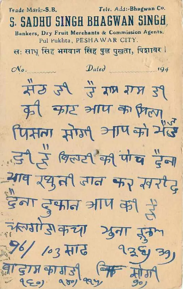 पेशावर — सूखे फलों का व्यापार — एस. सद्दू सिंह भगवान सिंह — अलवर, भारत - पीछे