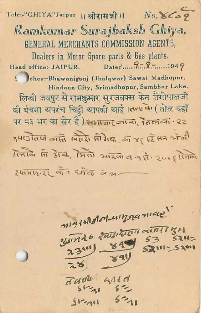Estado de Jaipur — carta postal oficial — editor Ramkumar Surajbaksh Ghiya, n°869 - Verso