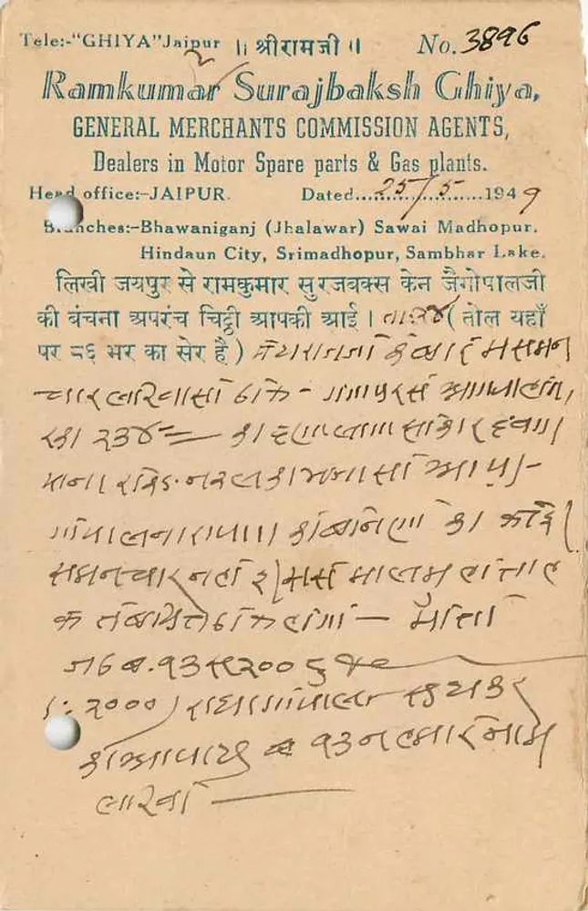 जैपुर राज्य — व्यापारिक पोस्टकार्ड — रामकुमार सूर्यबक्ष घिया, व्यापार प्रतिनिधि - पीछे