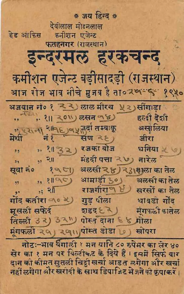 इंद्रविलास हरखंड, राजस्थान — भारतीय पोस्टकार्ड साथ 9 पैंस के सिक्का और देवनागरी में लिखा टेक्स्ट — एडिटर अज्ञात - पीछे
