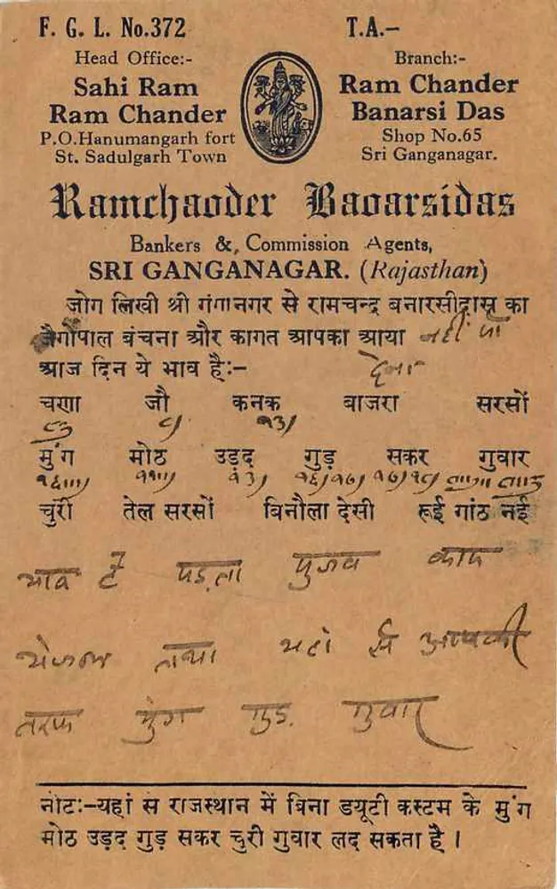 Navalgarh — Indian postcard with 9 pence stamp — publisher Ramchander Baarsidas, Sri Ganganagar - Back
