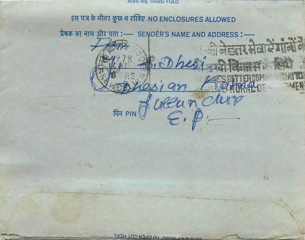 Carta postal interior indiana — serviço postal — Delhi - Frente
