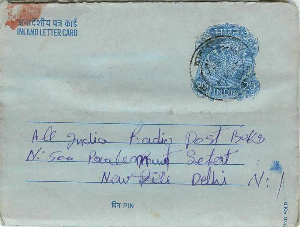 Carta postal interna indiana — All India Radio Post Boks, Nova Deli — editor: Índia, n° de série: 1 - Frente