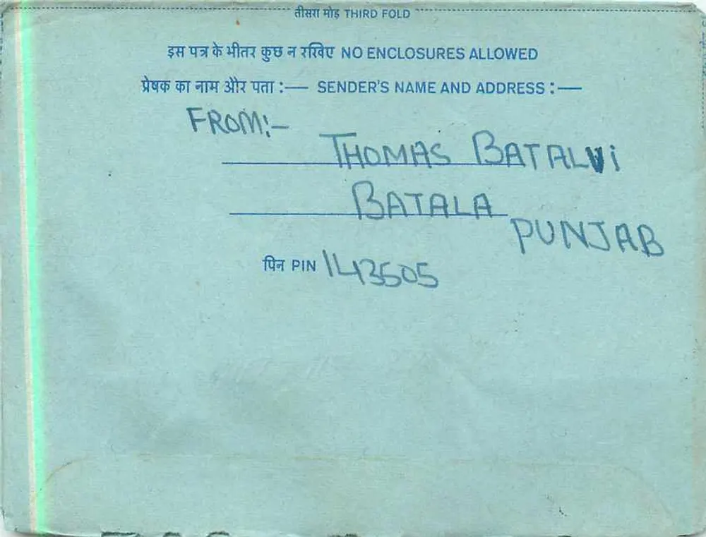 Carta postal interna indiana — Thomas Batalvi, Batala, Pendjab — selo de 20 annas - Verso