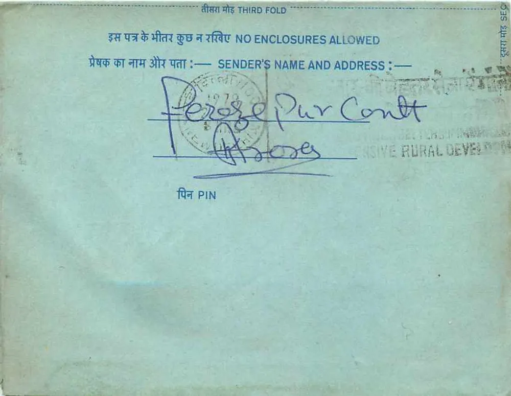 Carta postal interna indiana — selo de 20 annas, carimbo 'Pur Contt' — destinatário a Peroze Pur Contt - Verso