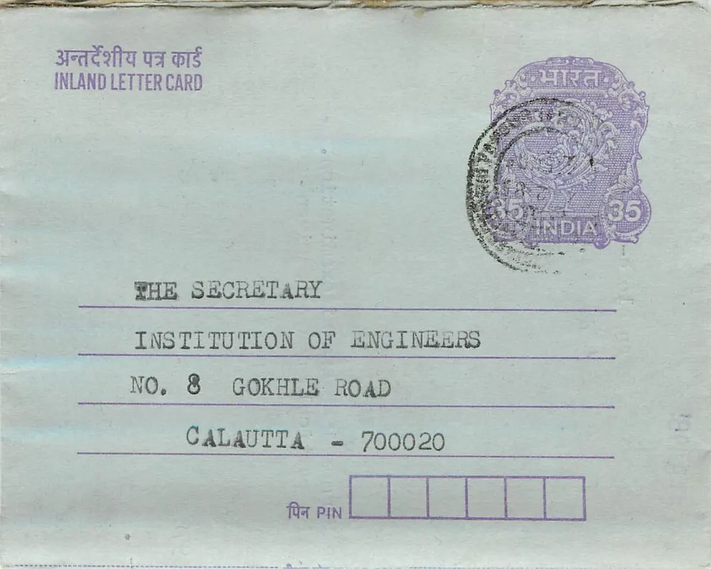 Calcutta — Institution of Engineers — carta postal interna indiana - Frente