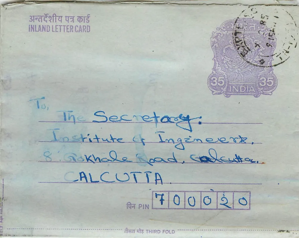 Carta postal interior indiana — Instituto dos Engenheiros, Calcutá — selo 35 anos - Frente