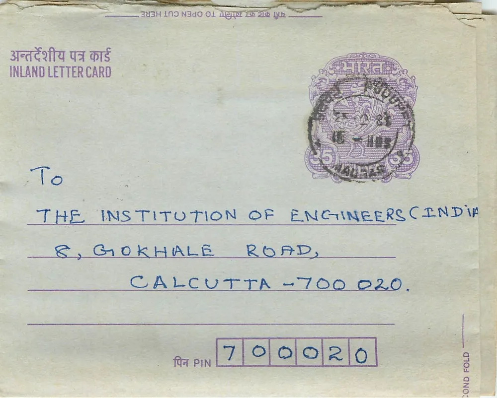 Carta postal interior indiana — texto impresso e manuscrito — editor: India Post - Frente