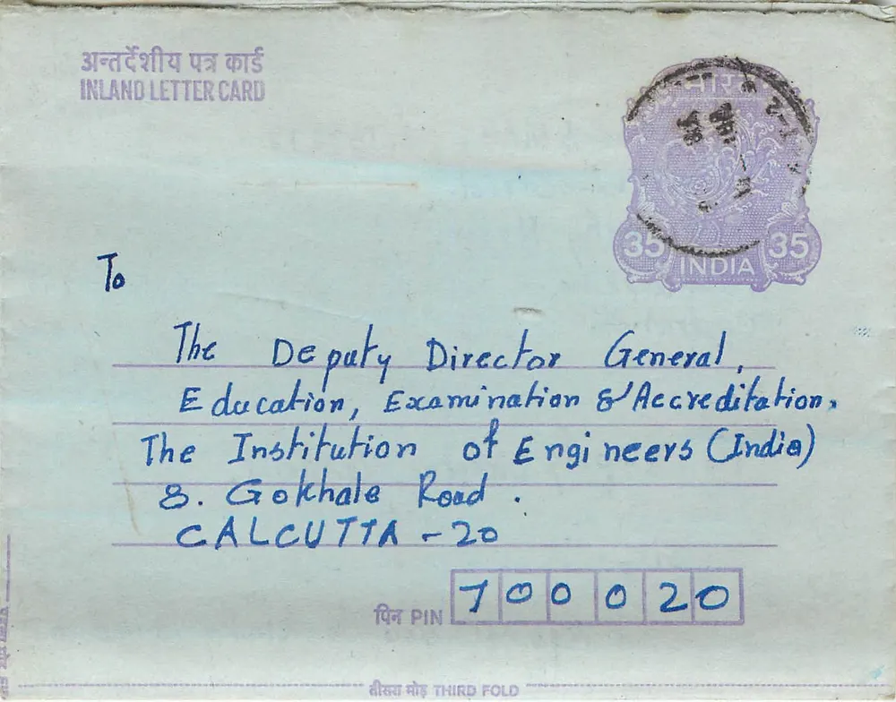 Carta postal interna indiana — Calcutta — editor não visível - Frente