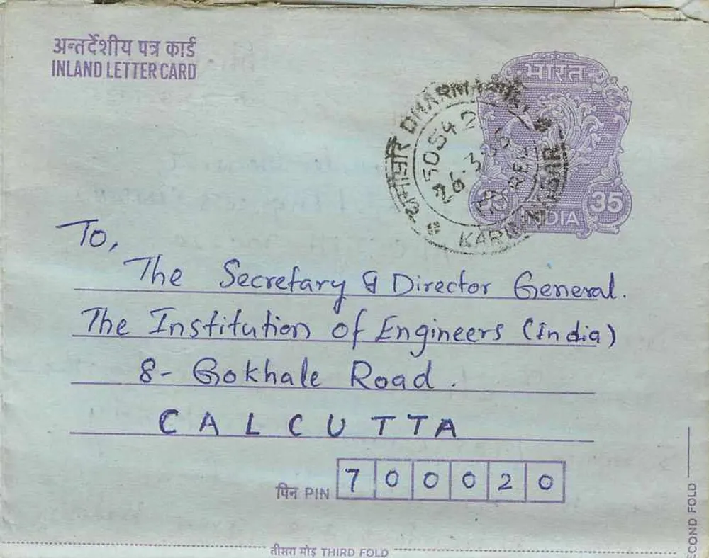 Carta postal interna indiana — Gandhi — destinada à Institution of Engineers (India) em Calcutá - Frente