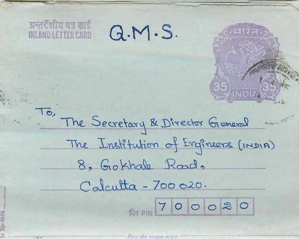 Calcutta - Institution of Engineers (India) — carta postal interna indiana com selo de 35 annas - Frente