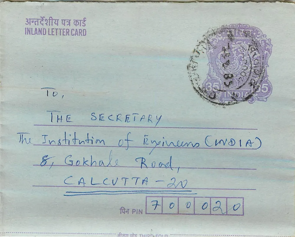 Carta postal interna indiana — Institution of Engineers (India) — Calcutta — 35 annas - Frente